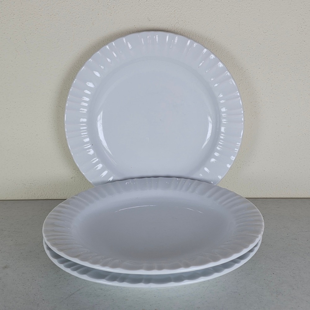 3 CorningWare Tableware French White Stoneware Salad Plates 8 1/8" Ribbed Rim‎
